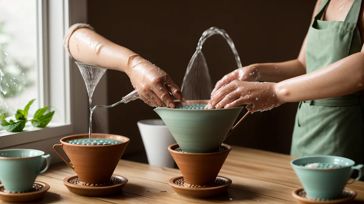 Accesorios de café de especialidad esenciales para una cocina pequeña: V60, molinillo manual y jarra sobre una encimera estrecha.
