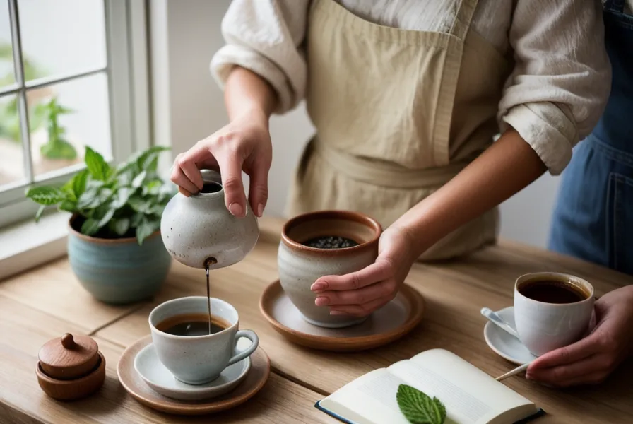 Manos moliendo café con un molinillo manual, luz de mañana entrando en una cocina pequeña.