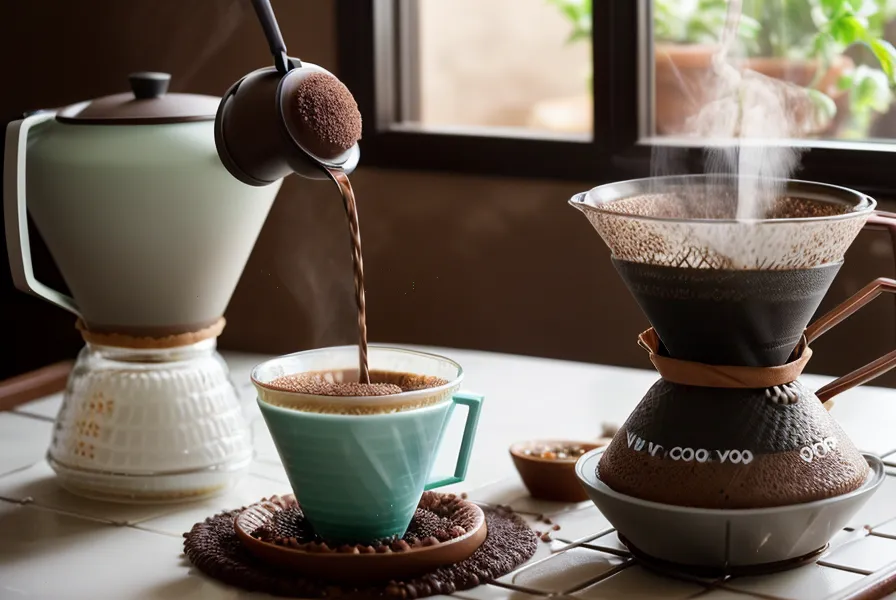 Vertido de agua sobre café molido en una V60 de tamaño pequeño, ideal para cocinas con poco espacio.