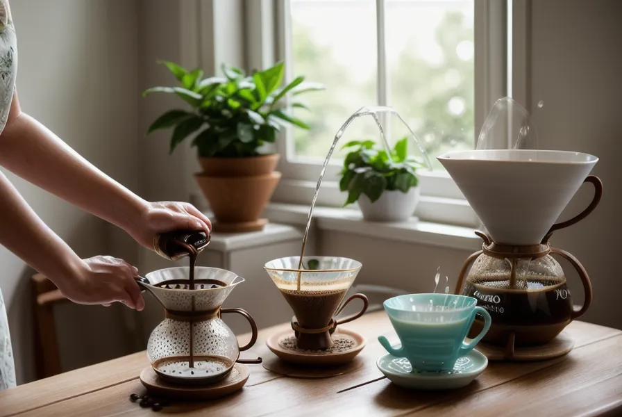 Taza de café filtrado recién hecho junto a una libreta, en una cocina pequeña bien iluminada.