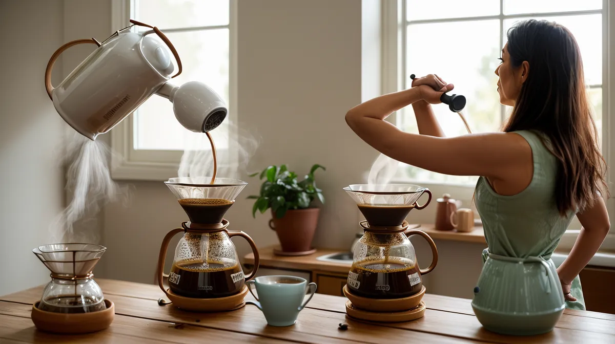 Café de El Salvador y V60 doméstica sobre la encimera, cosecha y post-cosecha del café en una entrada de formación cafetera