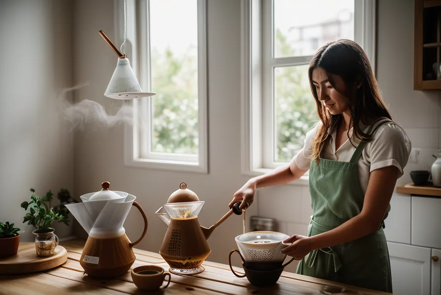 Taza de café de especialidad recién colada junto al filtro de papel usado en la cocina de Triana