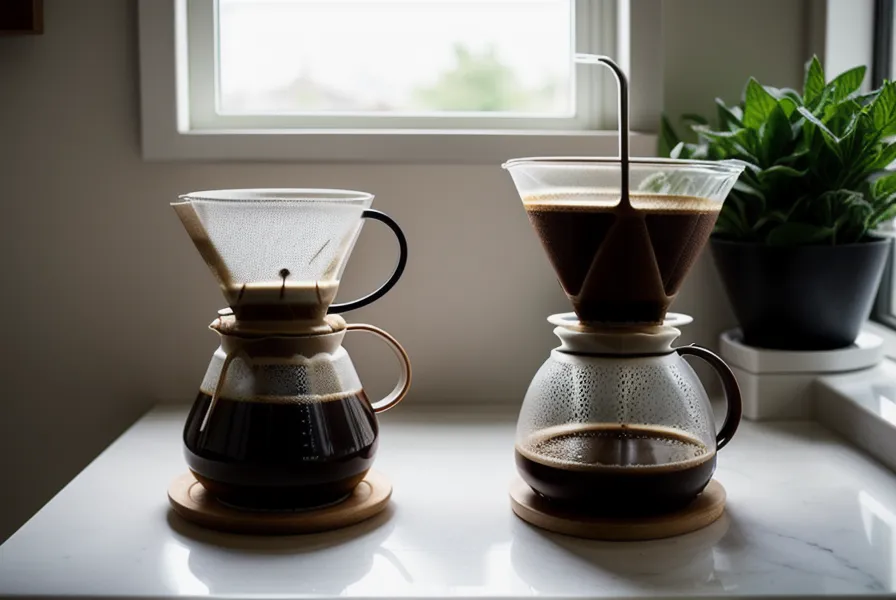 Vertido de agua caliente sobre café molido en una V60, método manual de filtrado