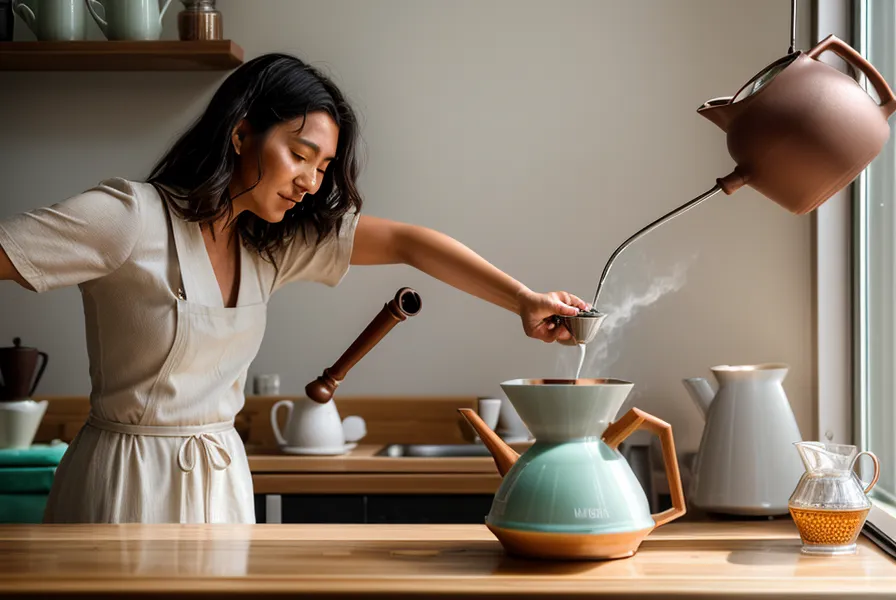Espuma de leche cremosa sobre café de especialidad hecho en casa sin máquina, técnica de barista en casa