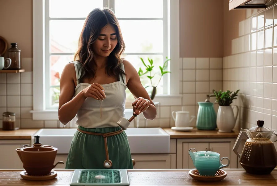 Manos accionando el émbolo de una prensa francesa para crear microespuma de leche, técnica manual de barista en casa