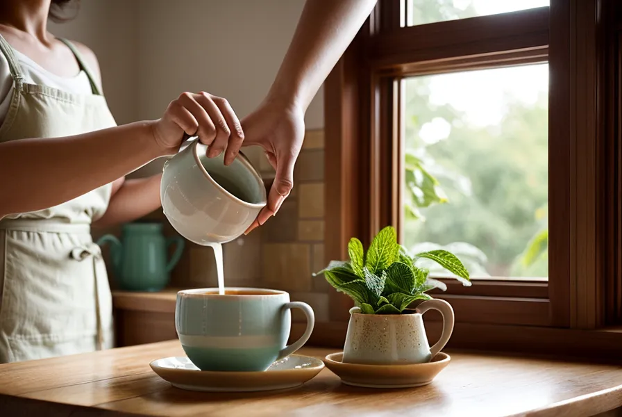 Vertido de leche espumada sobre café de especialidad formando una superficie sedosa color canela