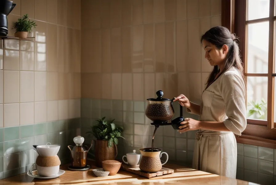 Vapor subiendo de una V60 durante la preparación manual de café de especialidad