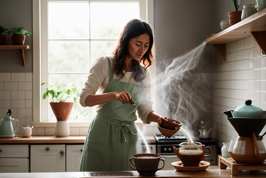 Depósito de una cafetera italiana con restos de aceite oscuro antes de la limpieza a fondo