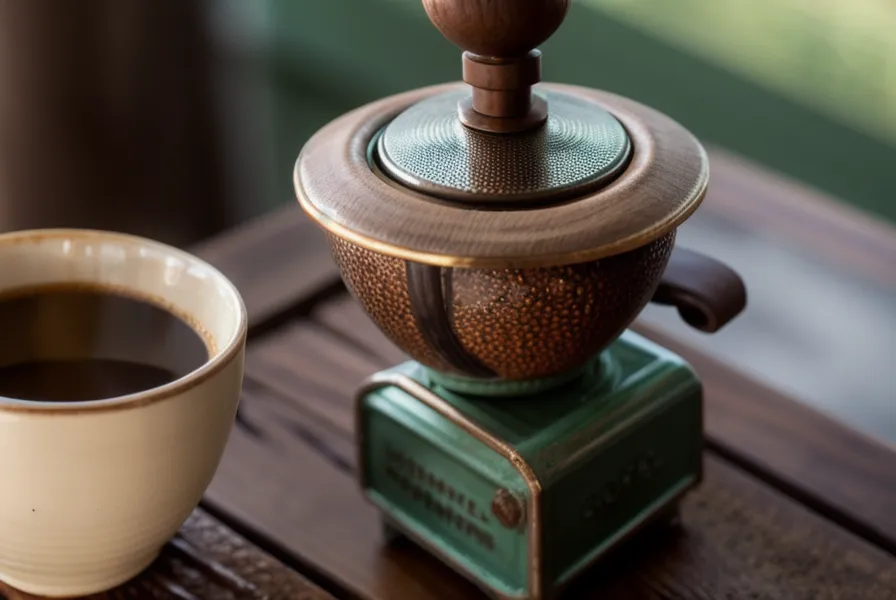Primer plano de la tolva de un molinillo manual con restos de aceite de café de especialidad antes de la limpieza