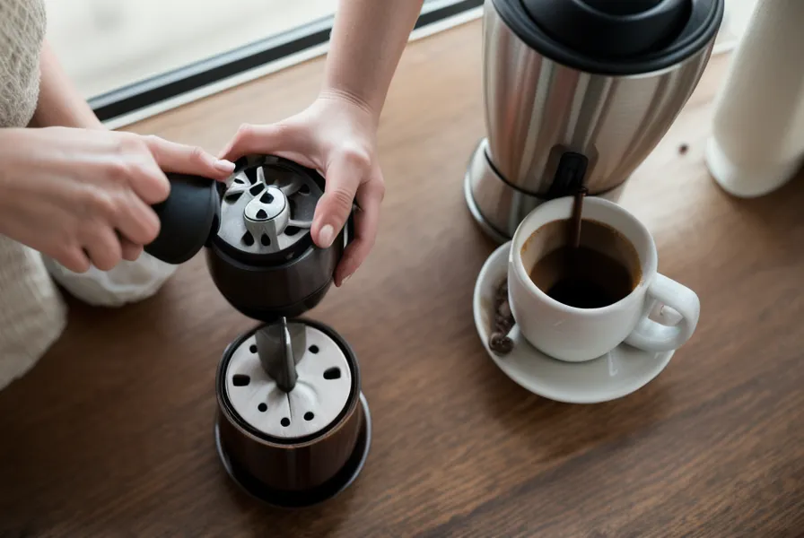 Manos desmontando con cuidado las piezas de un molinillo manual sobre un paño, con los accesorios básicos de limpieza cafetera