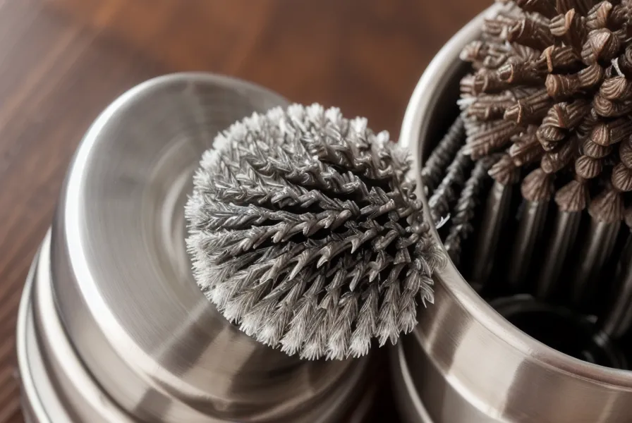 Brocha de cerdas naturales limpiando las muelas de un molinillo manual como parte del mantenimiento cafetero habitual