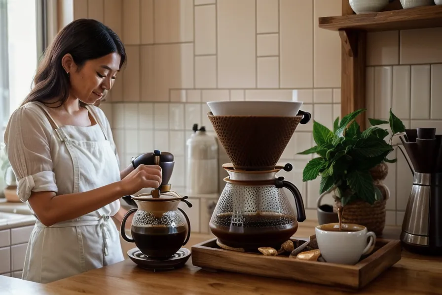 Café cold brew casero recién preparado con molinillo manual sobre la encimera