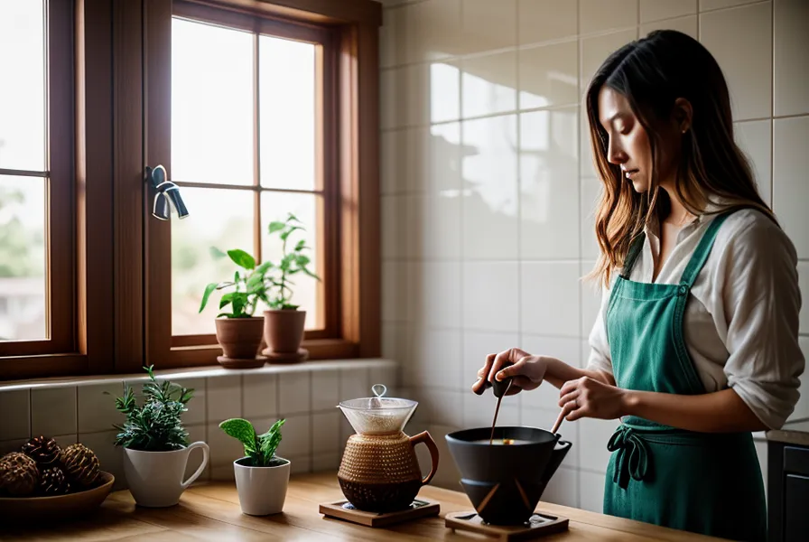 Manos moliendo café de especialidad a mano en un molinillo manual antes de prepararlo en V60