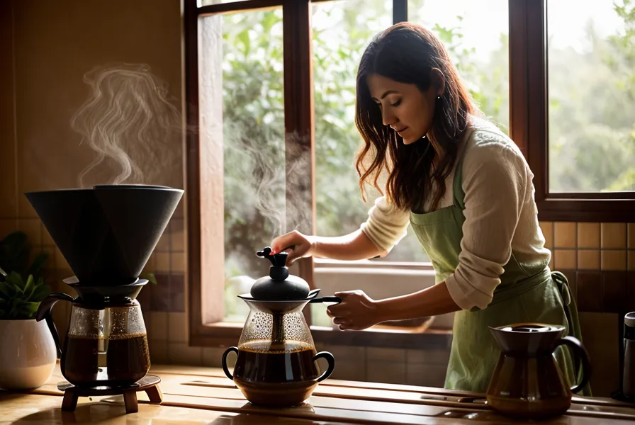 Manos moliendo café de especialidad en un molinillo manual sobre la encimera de una cocina en Triana