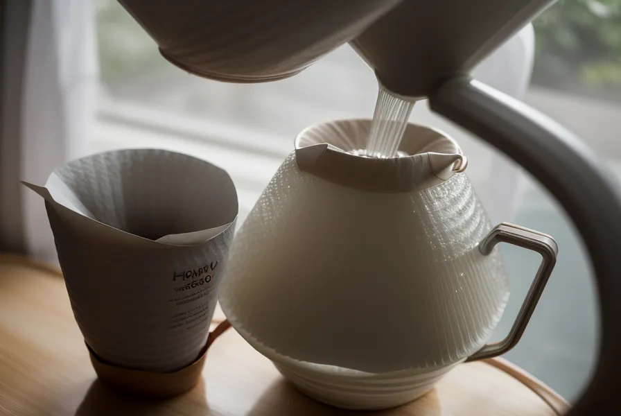 Vertido de agua caliente sobre el filtro de una V60 de cerámica durante una preparación de café de especialidad en casa