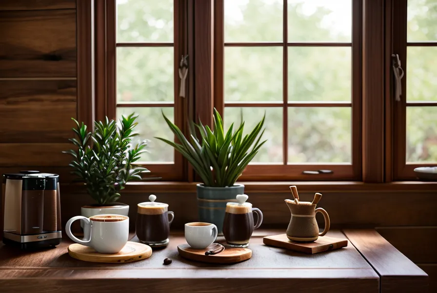 Ordenador portátil abierto en un curso de café de especialidad junto a una taza de cerámica en la cocina