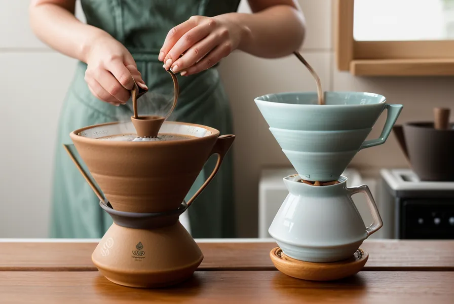 Servidor de cristal con café de especialidad recién hecho bajo la luz de la tarde.