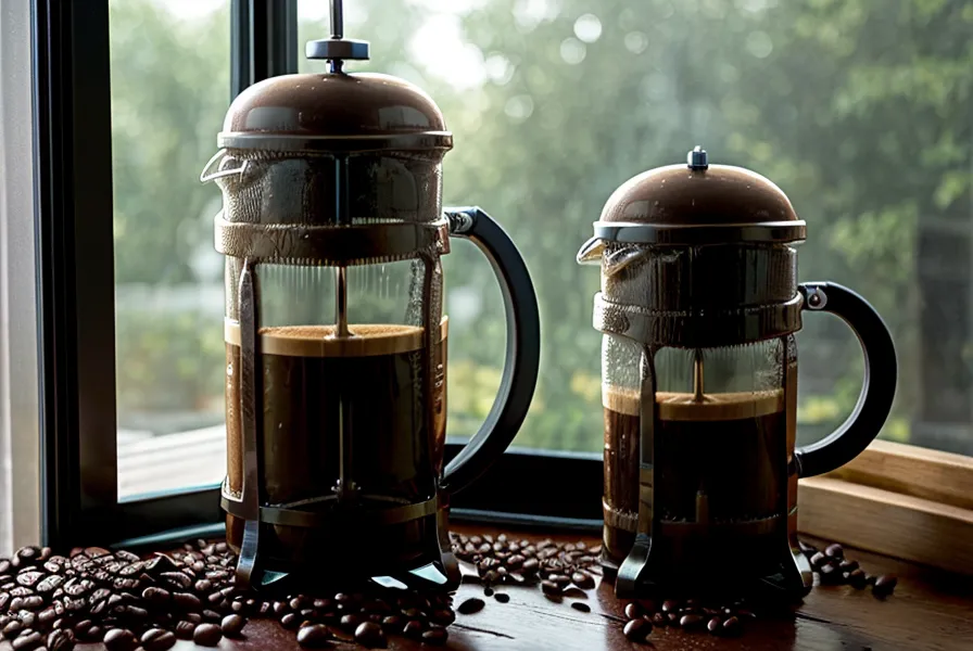 Prensa francesa bajando el émbolo con los aceites del café visibles, comparando sabor frente a la V60