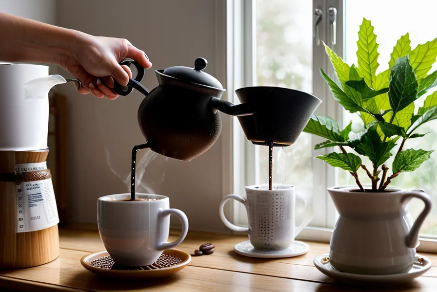 Primer plano de filtros de café usados y granos derramados en una encimera de madera, uno de los errores típicos al medir el café de especialidad en casa
