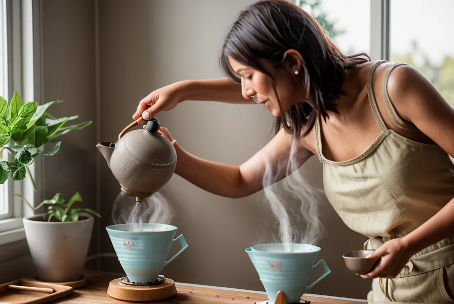 Molinillo de café manual junto a molienda irregular sobre la mesa de la cocina, ajustando la molienda para café de especialidad en casa