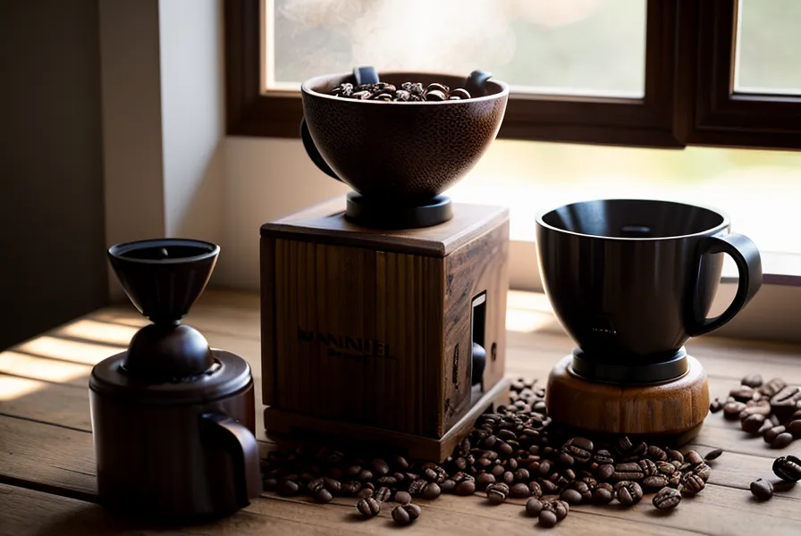 Primer plano de un molinillo manual de café con granos de especialidad en Sevilla