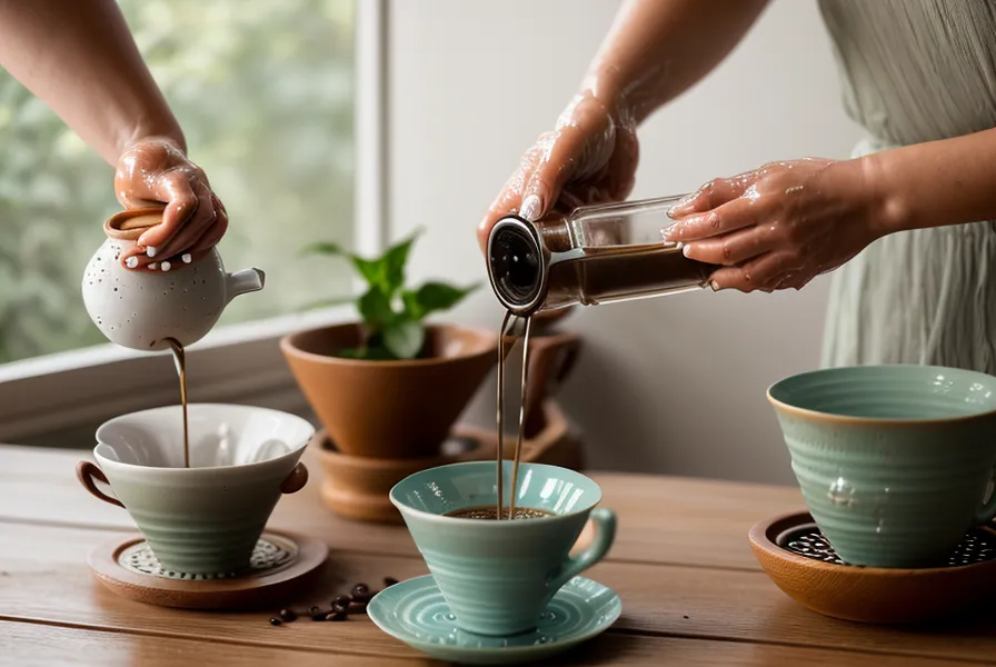 Taza de cerámica con café de filtro recién preparado bajo la luz de la mañana