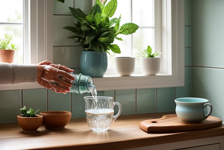 Agua filtrada transparente cayendo en una jarra de carbón activo sobre la encimera de la cocina