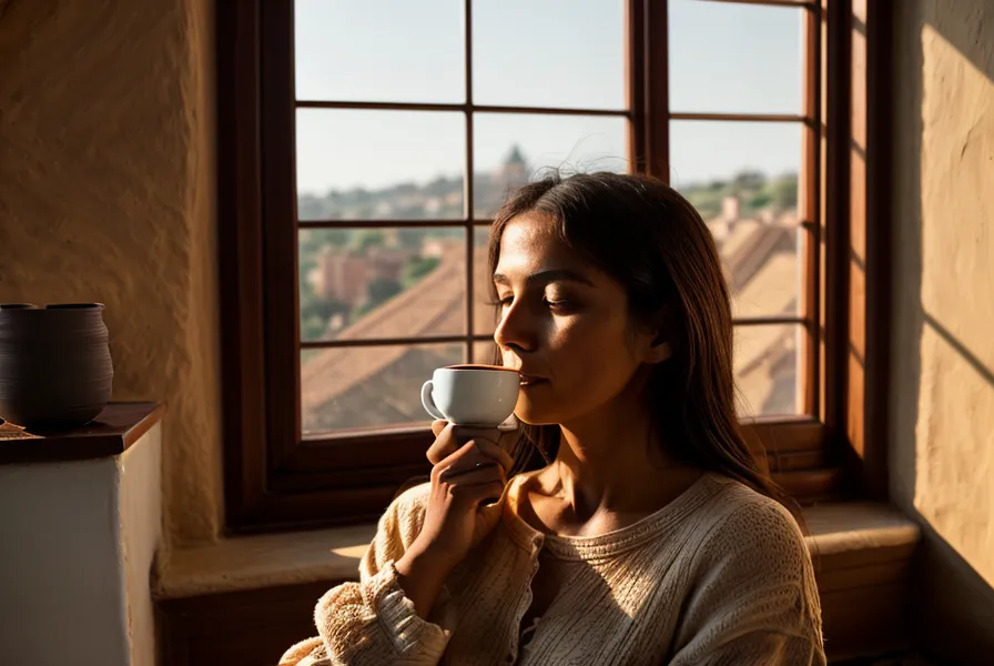 Mano sosteniendo una taza de café casero frente a la ventana soleada de la cocina en Triana