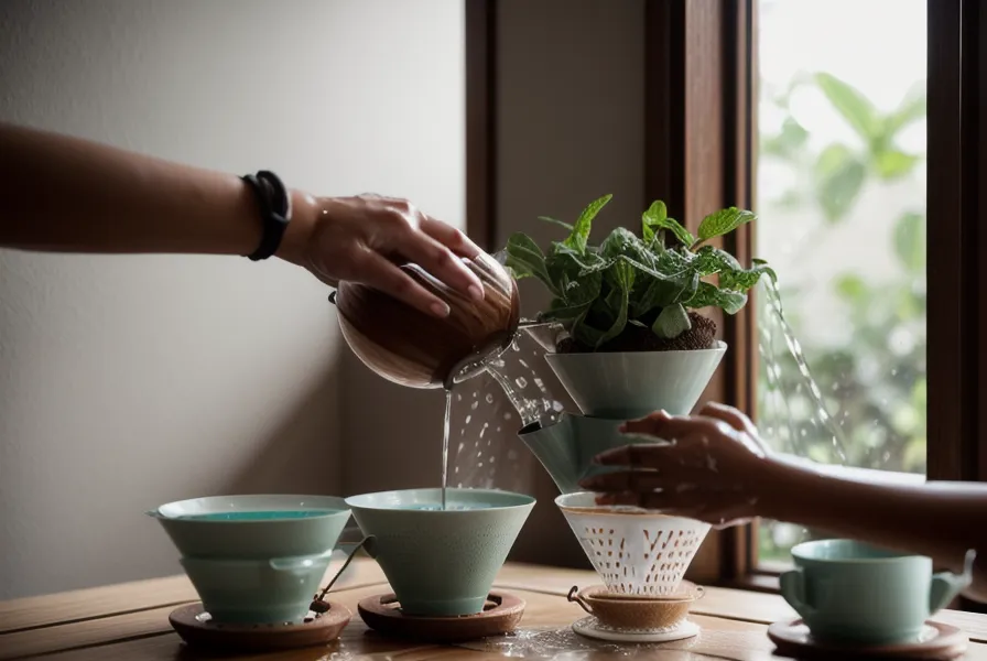 Finca cafetera de altura y granos verdes vistos desde una cocina de aprendizaje doméstico