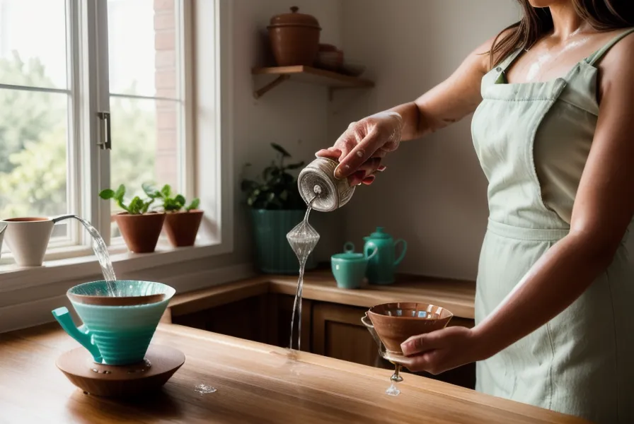 Vapor saliendo de una cafetera de cristal junto a una planta monstera en una cocina de café de especialidad