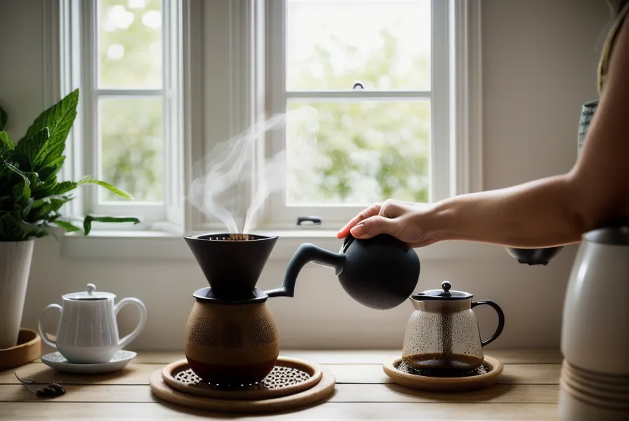 V60 brewing con preinfusión sobre café de especialidad en una cafetera V60 de cristal
