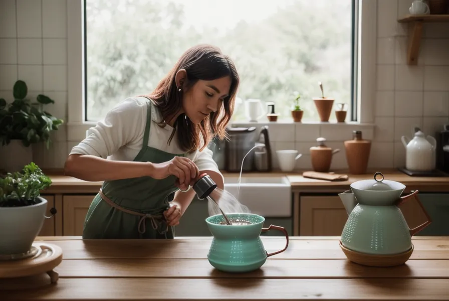 Café de especialidad en plena extracción durante el vertido de agua caliente en la V60