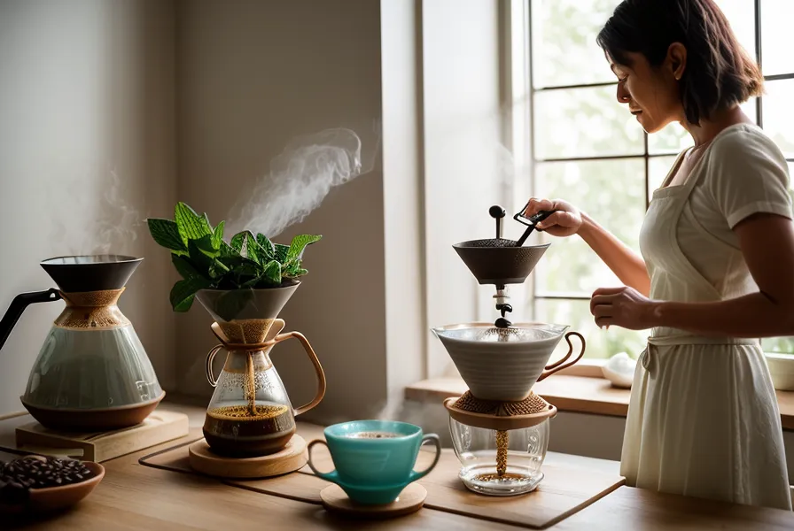 Café de especialidad filtrado en V60 servido en jarra de cristal, resultado de una buena preinfusión
