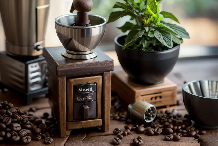 Granos de café de especialidad cayendo en el molinillo manual antes del vertido en V60