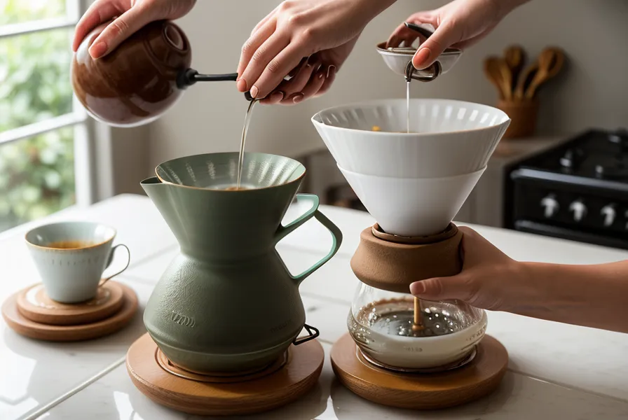 Taza de café de fermentación anaeróbica preparado en V60, con matices rojizos y una rama de canela al lado.